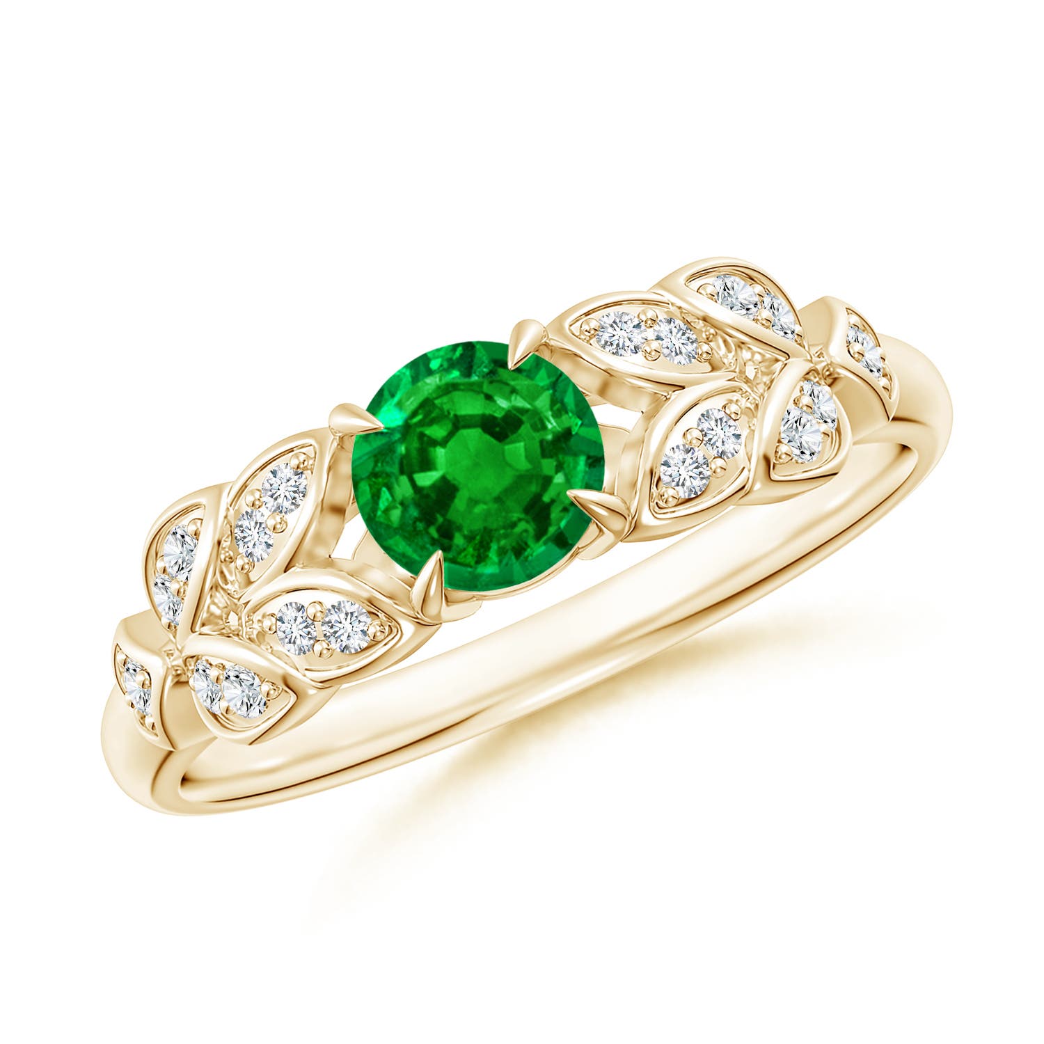 Lab-Grown-Nature Inspired Round Emerald Leaf Shank Ring – Angara India